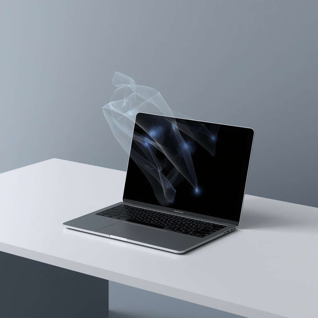 Nano Banana2 prompt: A sleek modern laptop on a clean minimalist desk with abstract digital holograms floating above the screen, 3d render, professional setup, no humans, no woman